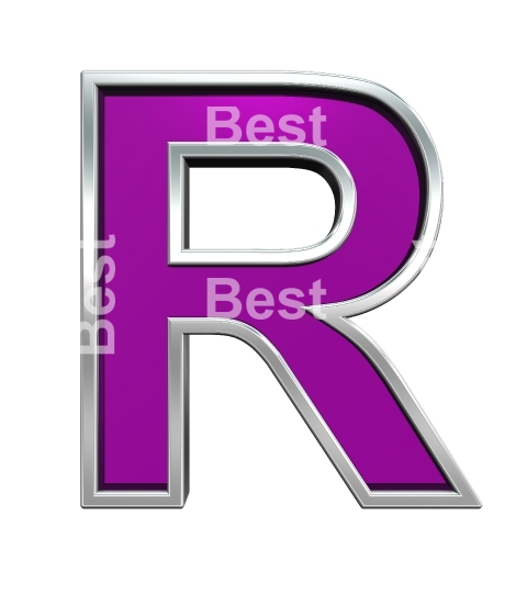 One letter from purple glass with chrome frame alphabet set, isolated on white. 