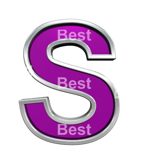 One letter from purple glass with chrome frame alphabet set, isolated on white. 