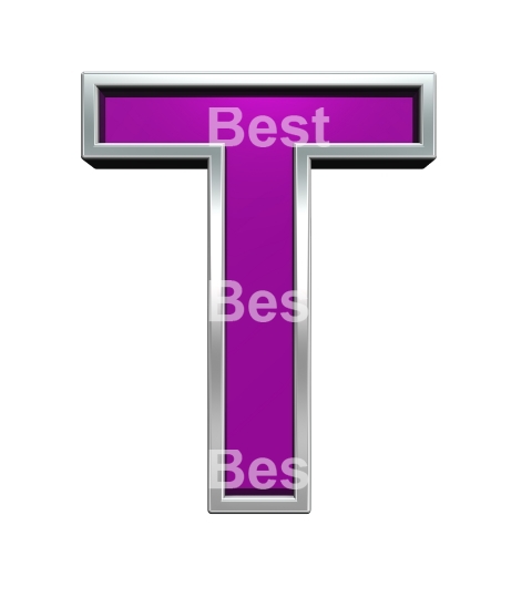 One letter from purple glass with chrome frame alphabet set, isolated on white. 
