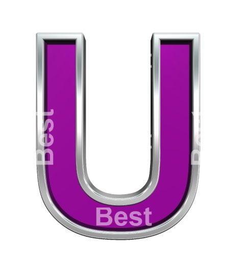 One letter from purple glass with chrome frame alphabet set, isolated on white. 