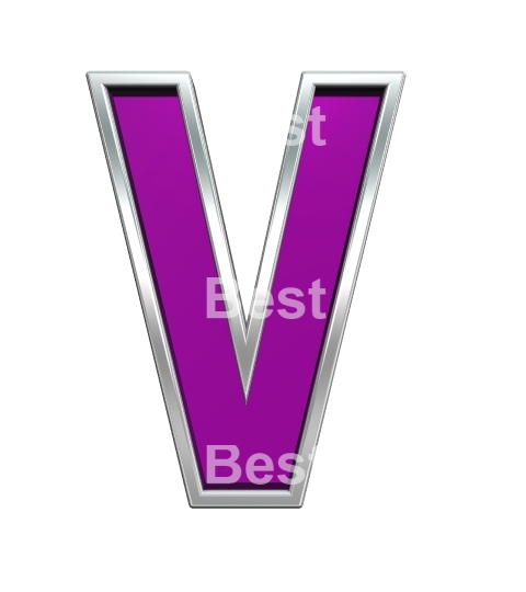 One letter from purple glass with chrome frame alphabet set, isolated on white. 