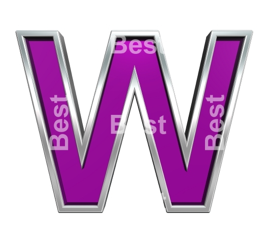 One letter from purple glass with chrome frame alphabet set, isolated on white. 