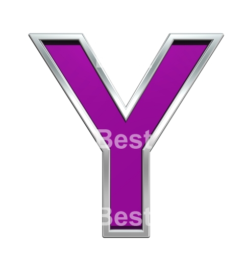 One letter from purple glass with chrome frame alphabet set, isolated on white. 