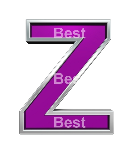One letter from purple glass with chrome frame alphabet set, isolated on white. 