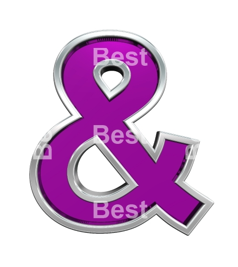 One letter from purple glass with chrome frame alphabet set, isolated on white. 