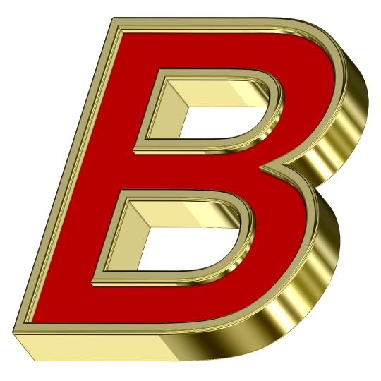 One letter from red with gold frame alphabet set, isolated on white. 