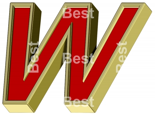 One letter from red with gold frame alphabet set, isolated on white. 