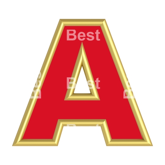 One letter from red with gold shiny frame alphabet set, isolated on white