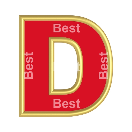 One letter from red with gold shiny frame alphabet set, isolated on white