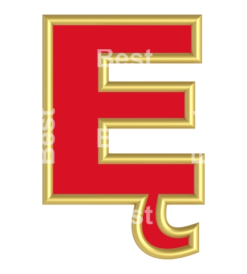 One letter from red with gold shiny frame alphabet set, isolated on white