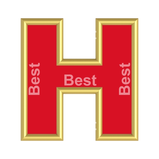 One letter from red with gold shiny frame alphabet set, isolated on white