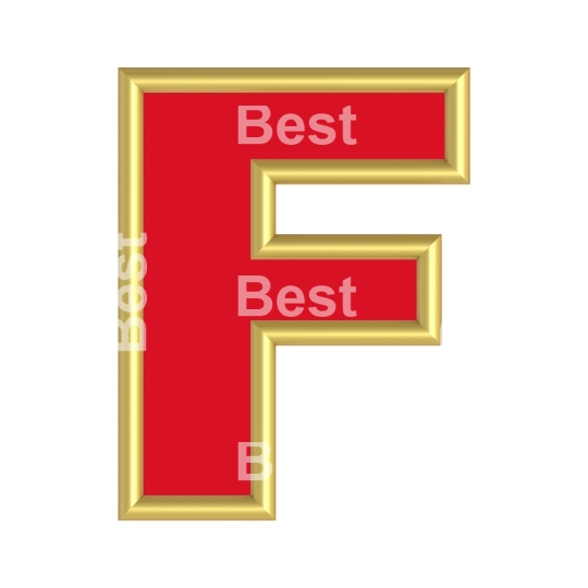 One letter from red with gold shiny frame alphabet set, isolated on white