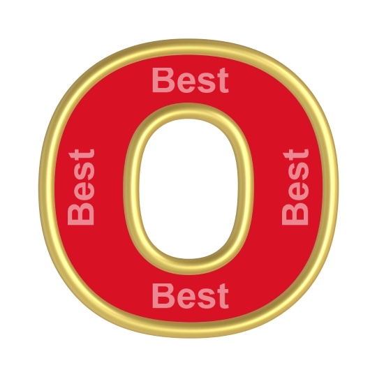 One letter from red with gold shiny frame alphabet set, isolated on white