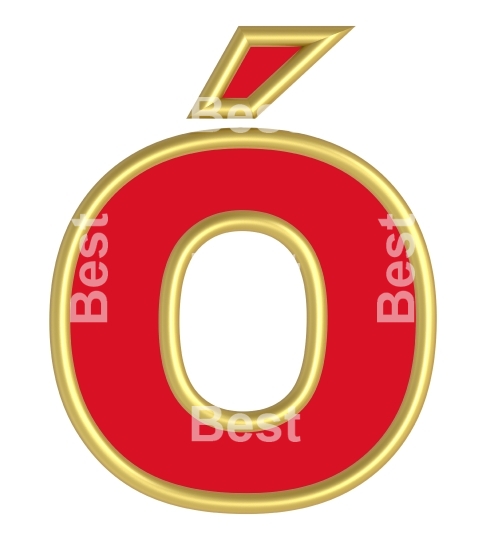 One letter from red with gold shiny frame alphabet set, isolated on white