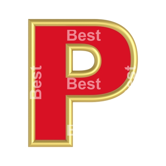 One letter from red with gold shiny frame alphabet set, isolated on white