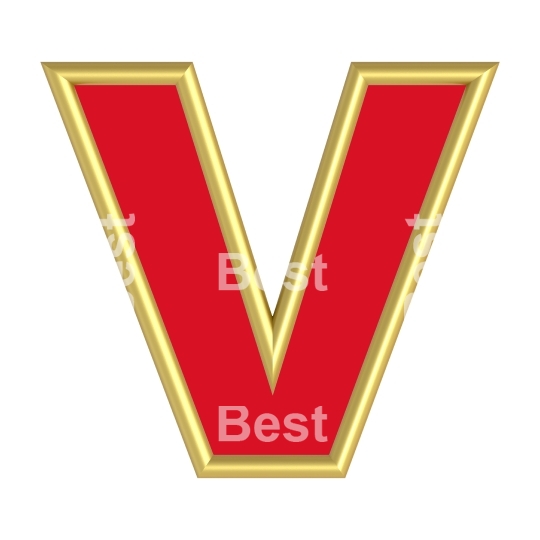 One letter from red with gold shiny frame alphabet set, isolated on white