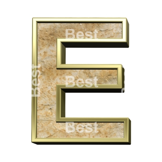 One letter from sandstone with gold frame alphabet set isolated over white.