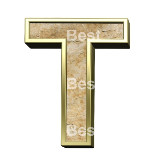 One letter from sandstone with gold frame alphabet set isolated over white.