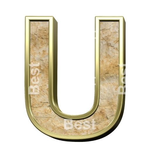 One letter from sandstone with gold frame alphabet set isolated over white.
