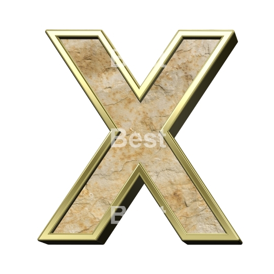 One letter from sandstone with gold frame alphabet set isolated over white.