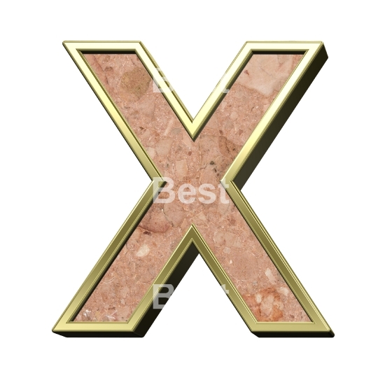 One letter from stone conglomerate with gold frame alphabet set isolated over white.