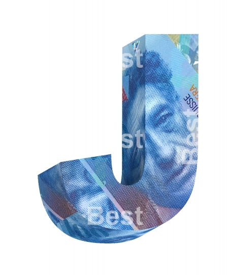 One letter from Swiss franc bill alphabet set isolated over white. 