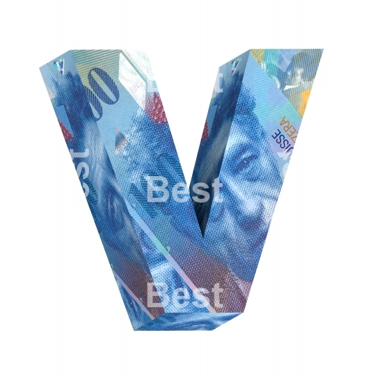 One letter from Swiss franc bill alphabet set isolated over white. 