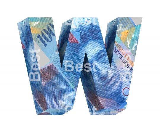 One letter from Swiss franc bill alphabet set isolated over white. 