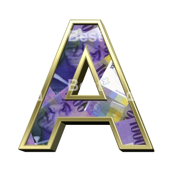 One letter from Swiss franc bill with gold frame alphabet set, isolated on white.