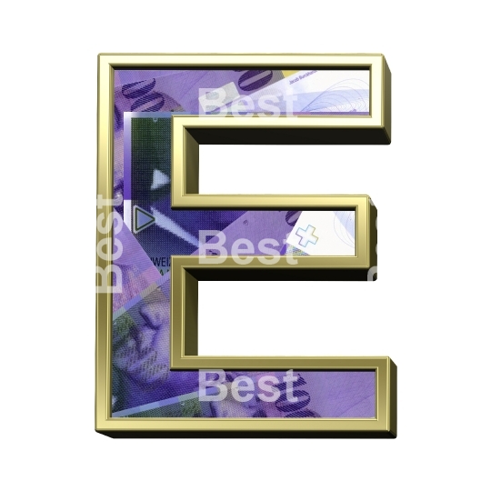 One letter from Swiss franc bill with gold frame alphabet set, isolated on white.