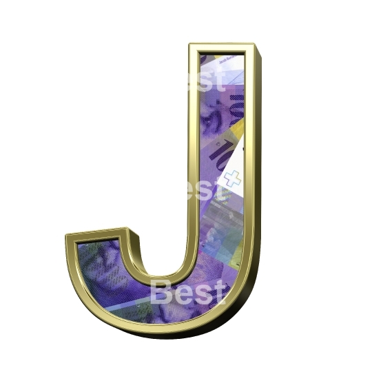 One letter from Swiss franc bill with gold frame alphabet set, isolated on white.