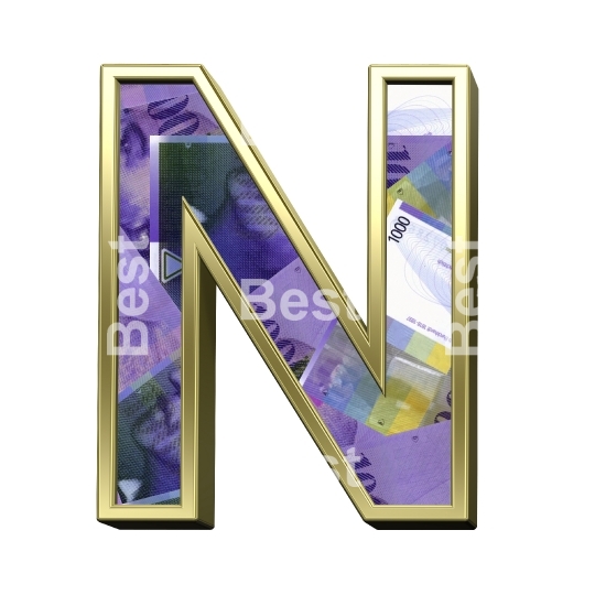 One letter from Swiss franc bill with gold frame alphabet set, isolated on white.