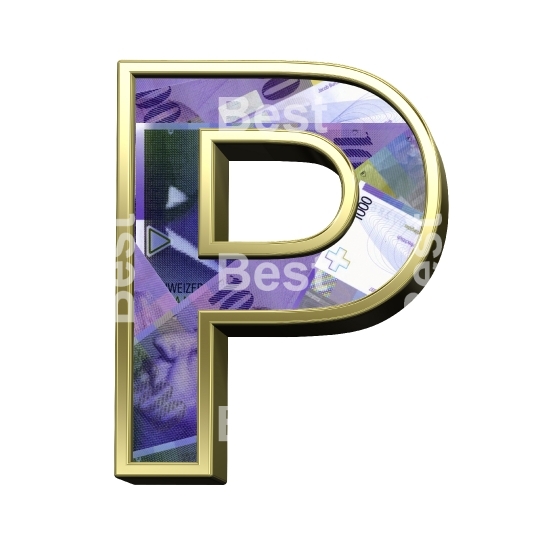 One letter from Swiss franc bill with gold frame alphabet set, isolated on white.