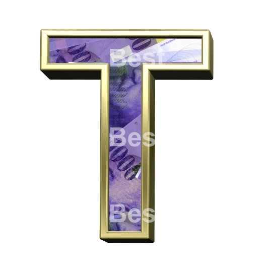 One letter from Swiss franc bill with gold frame alphabet set, isolated on white.