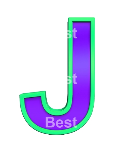 One letter from violet glass with green frame alphabet set, isolated on white. 
