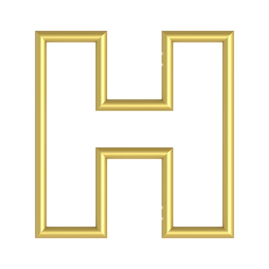 One letter from white with gold shiny frame alphabet set, isolated on white