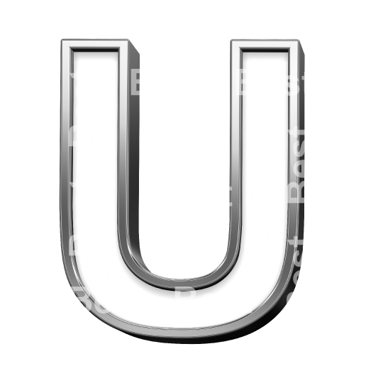 One letter from white with silver shiny frame alphabet set, isolated on white. 