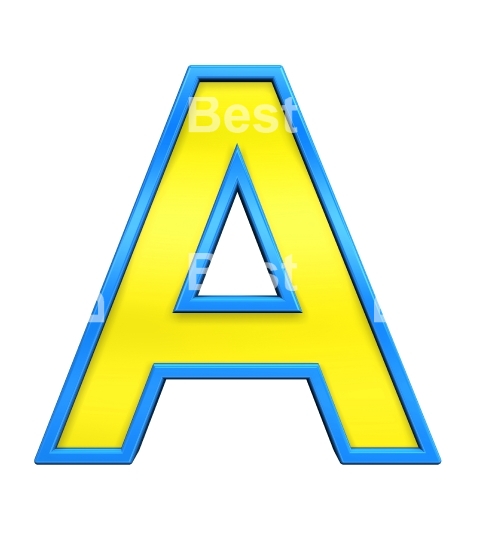 One letter from yellow glass with blue frame alphabet set, isolated on white. 