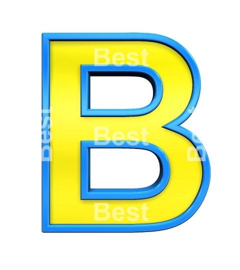 One letter from yellow glass with blue frame alphabet set, isolated on white. 