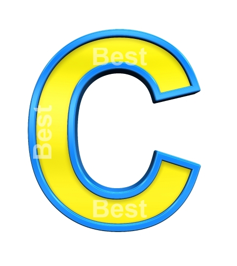 One letter from yellow glass with blue frame alphabet set, isolated on white. 