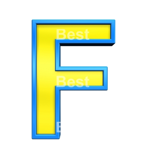 One letter from yellow glass with blue frame alphabet set, isolated on white. 