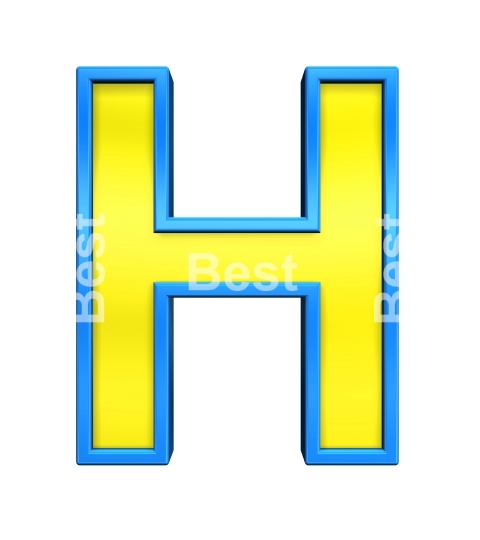 One letter from yellow glass with blue frame alphabet set, isolated on white. 