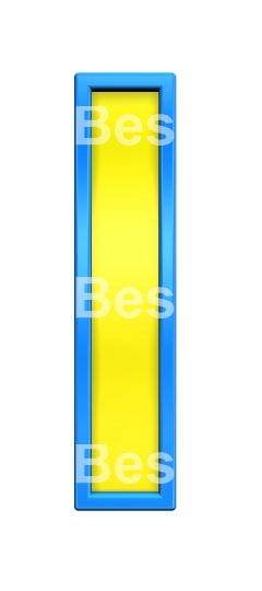 One letter from yellow glass with blue frame alphabet set, isolated on white. 
