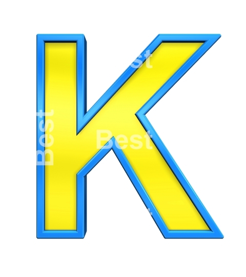 One letter from yellow glass with blue frame alphabet set, isolated on white. 