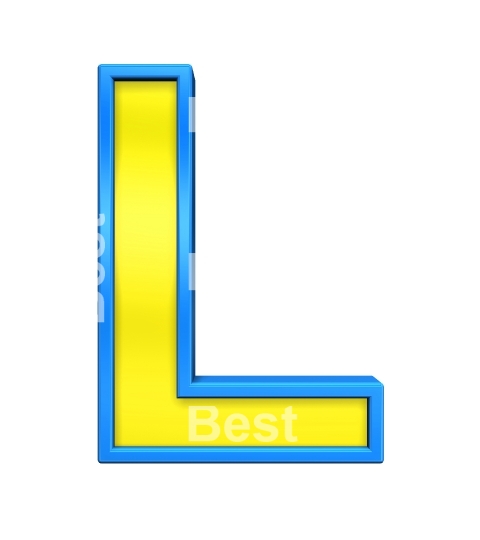 One letter from yellow glass with blue frame alphabet set, isolated on white. 
