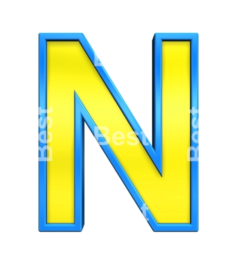 One letter from yellow glass with blue frame alphabet set, isolated on white. 