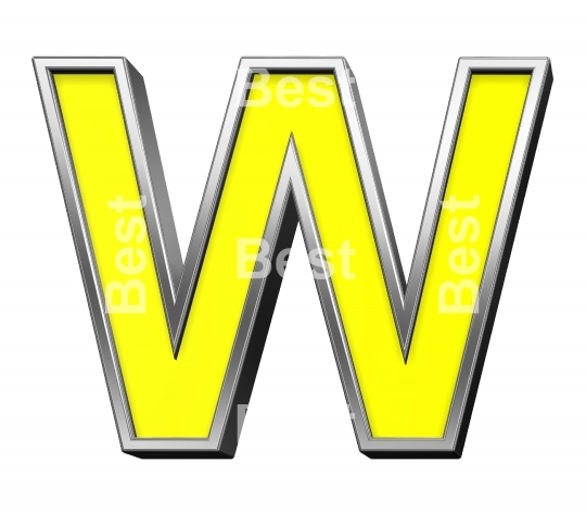 One letter from yellow with chrome frame alphabet set, isolated on white. 