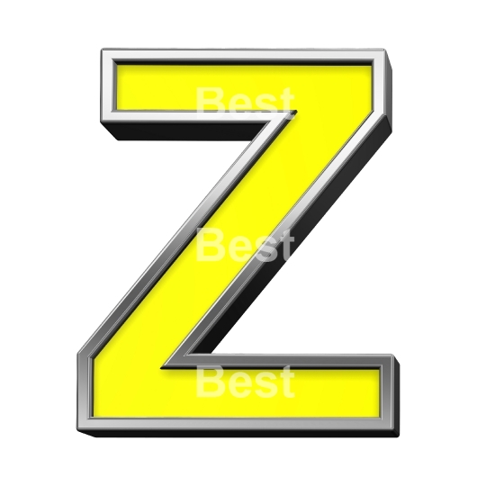 One letter from yellow with chrome frame alphabet set, isolated on white. 