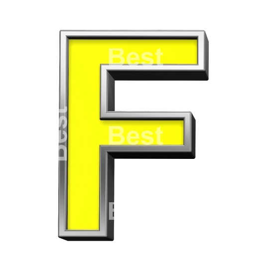 One letter from yellow with chrome frame alphabet set, isolated on white. 