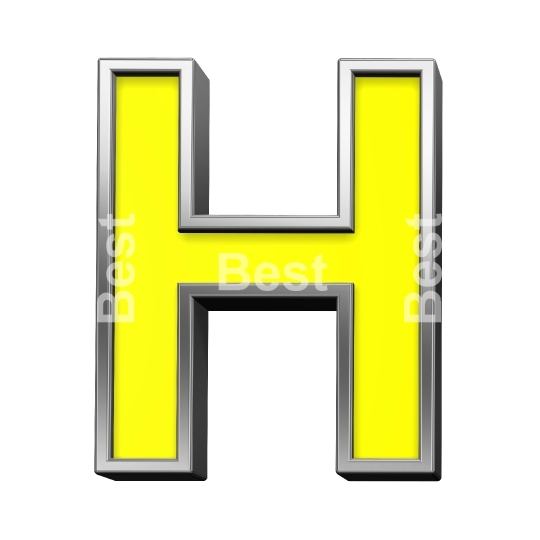 One letter from yellow with chrome frame alphabet set, isolated on white. 